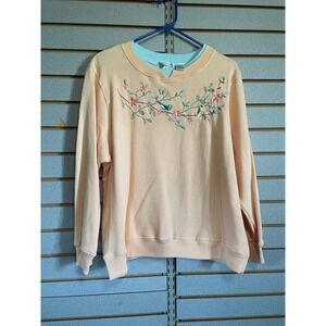 Shenanigans Womens Large Peach Bird Floral Embroidered Sweatshirt Crew‎ Neck